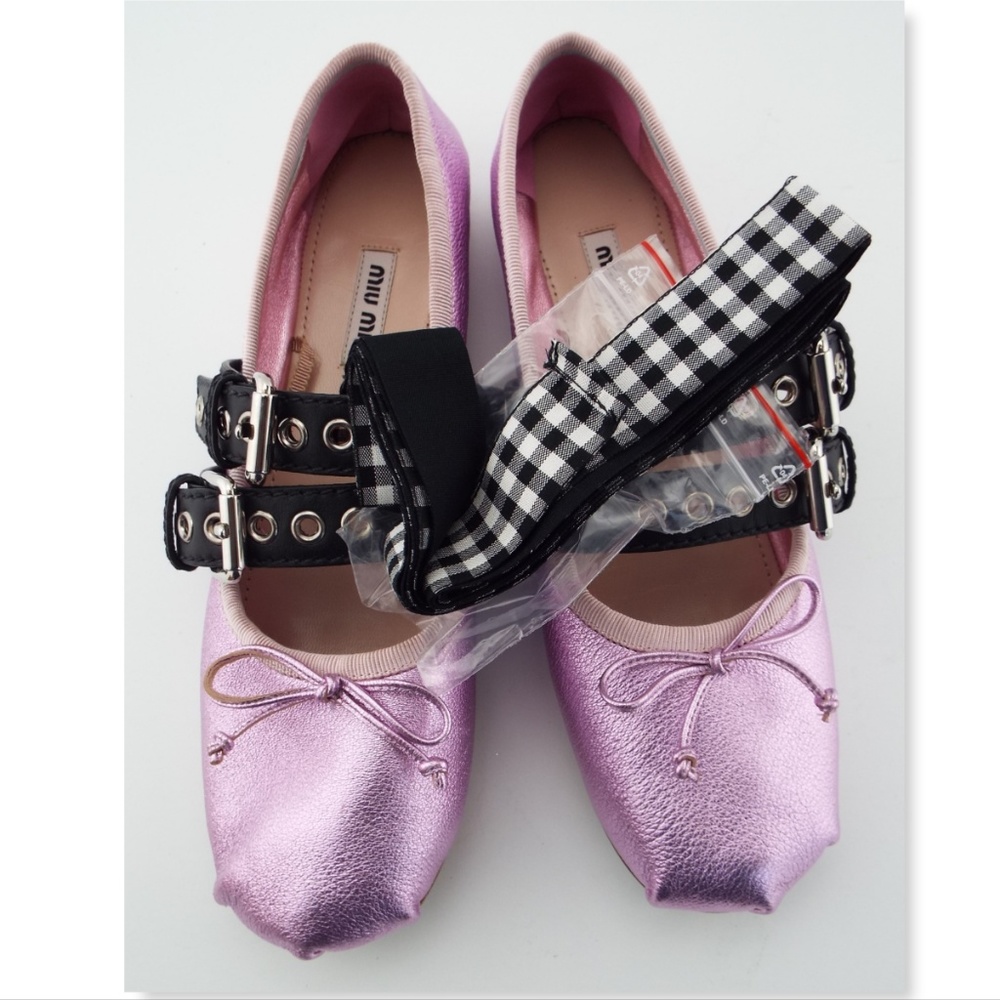 NIB MIU MIU Metallic Pink Lace Ballerina Flat 39.5 - Picture 4 of 8